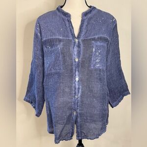 Bohabille linen sequin denim blue button up shirt SZ LG